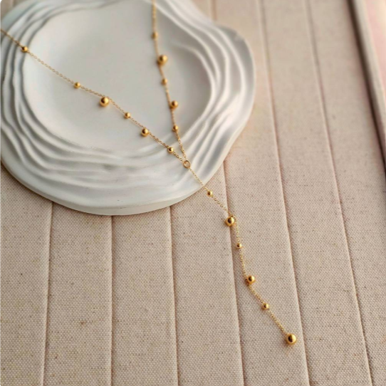Gold Beaded Lariat Necklace | Minimal Y-Style Necklace for Women