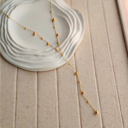 Gold Beaded Lariat Necklace | Minimal Y-Style Necklace for Women