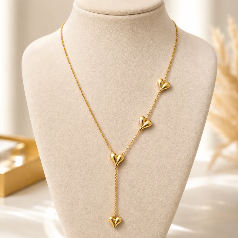 Gold-plated layered heart chain necklace with a drop design