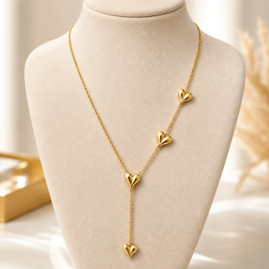 Gold-Plated Stainless Steel Layered Heart Chain Necklace for Women – Elegant Drop Design