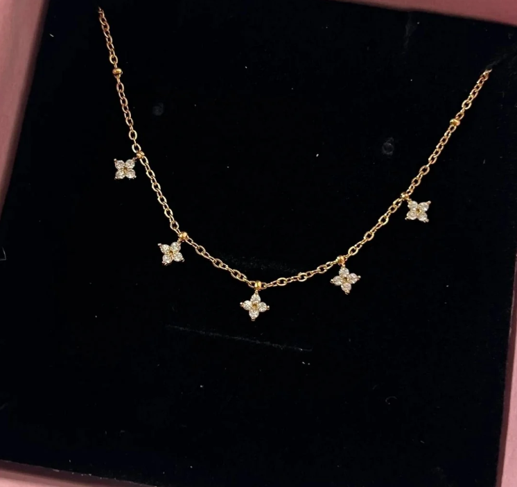 Gold floral charm chain necklace in anti-tarnish stainless steel