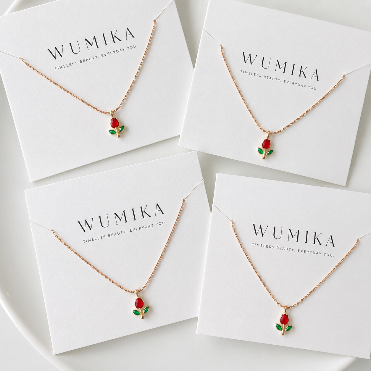 Gold Rose Flower Pendant Necklace – Red & Green Stone Tulip Necklace