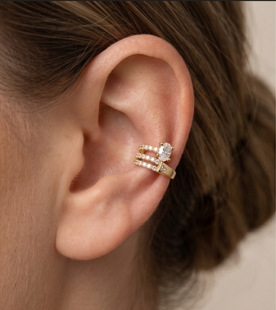 Gold Triple-Row Crystal Ear Cuff | Non-Piercing Cartilage Earring (Pair)