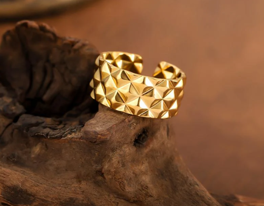 Gold Plated Pyramid Textured Ring | Stainless Steel Adjustable Anti-Tarnish Statement Band