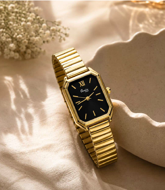 Gold Rectangular Watch for Women – Black Dial