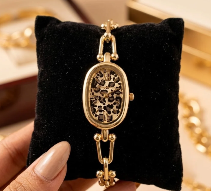 Leopard Print Oval Gold Watch for Women