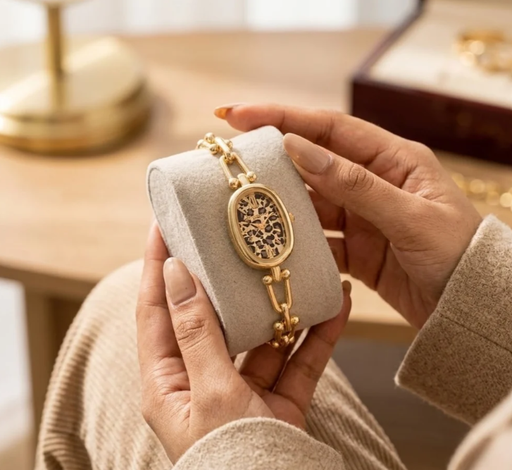 Leopard Print Oval Gold Watch for Women