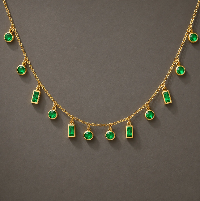 Gold necklace with green baguette stones and clear crystals