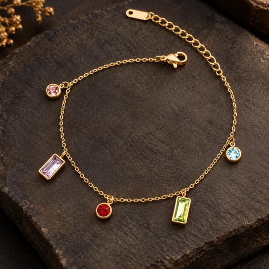 Gold chain bracelet with multicolour crystals