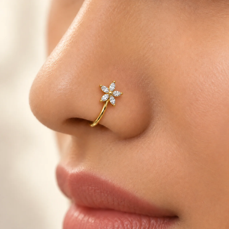 Rose gold flower nose pin with crystals