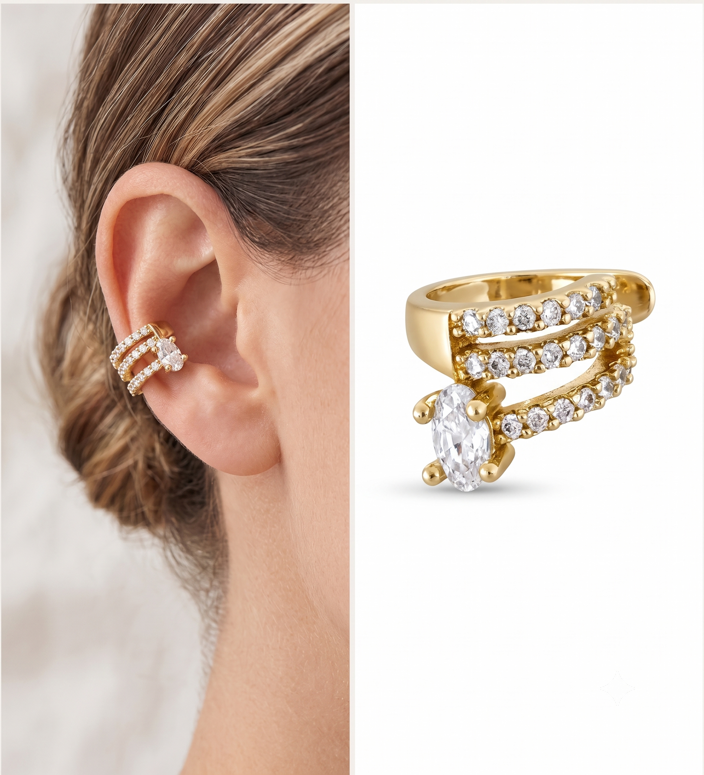 Gold Triple-Row Crystal Ear Cuff | Non-Piercing Cartilage Earring (Pair)