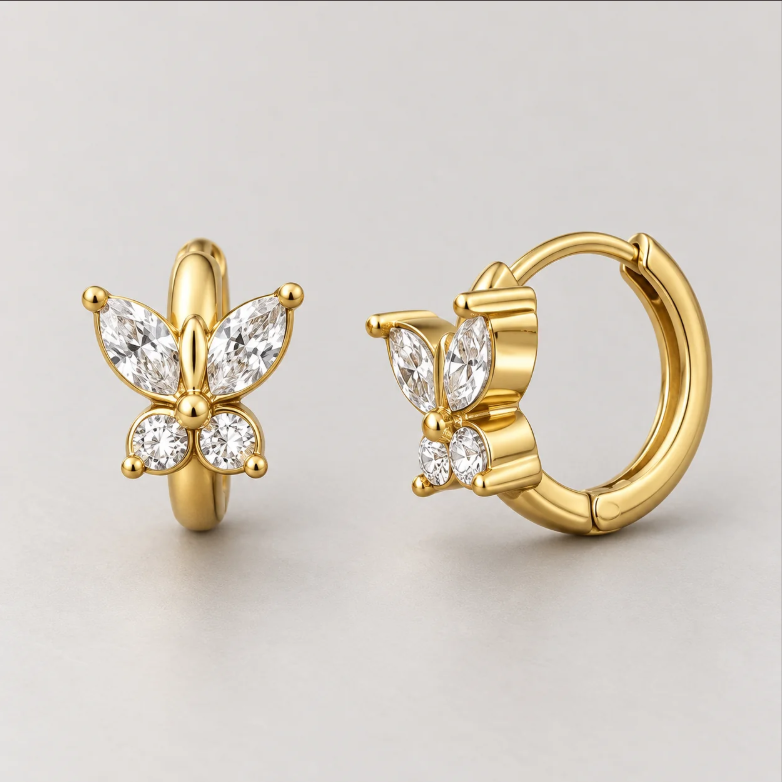 Mini gold-plated butterfly hoop earrings with crystals