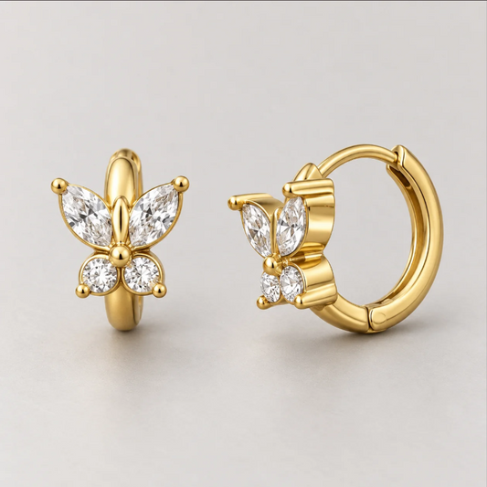 Mini gold-plated butterfly hoop earrings with crystals