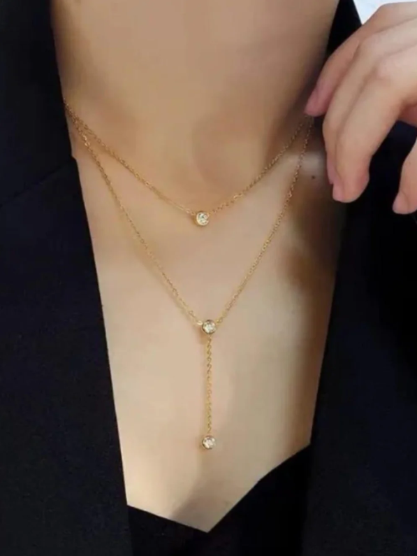 Layered gold crystal necklace — alternate view