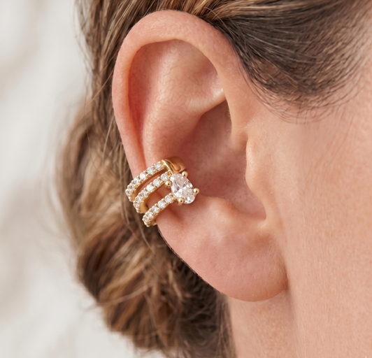 Gold Triple-Row Crystal Ear Cuff | Non-Piercing Cartilage Earring (Pair)