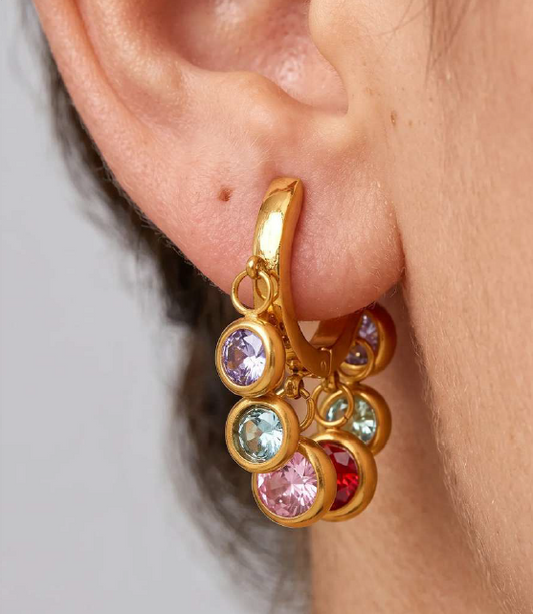 Gold-plated hoop earrings with multicolour crystals