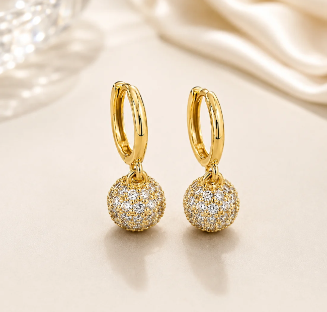Gold Pave Ball Drop Huggie Hoop Earrings